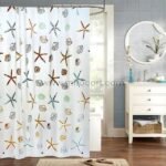 Starfish shower curtain featuring colorful starfish and seashells in a modern, coastal-themed bathroom setting.