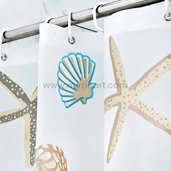 Close-up view of a starfish shower curtain highlighting detailed starfish and seashell designs.