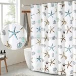 Starfish shower curtain with colorful starfish and seashell patterns in a bright, modern bathroom with natural light.