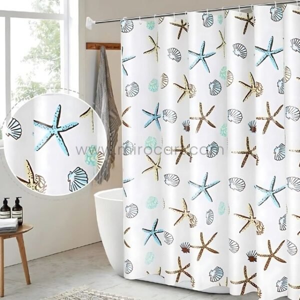Starfish shower curtain with colorful starfish and seashell patterns in a bright, modern bathroom with natural light.
