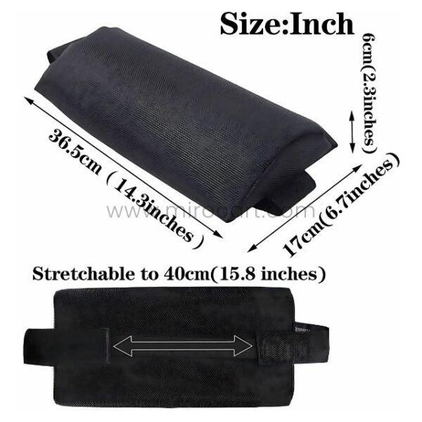 A soft black neck pillow with stretchable sides (up to 40cm), designed to cradle your head for cloud-like support.