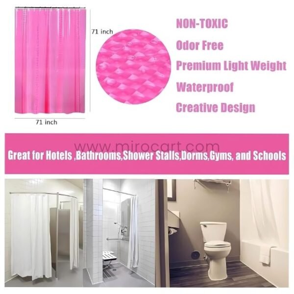 Pink textured 3D shower curtain in use across multiple spaces including a hotel, dorm, gym, and home bathroom.