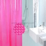 Pink textured 3D shower curtain installed in a modern bathroom with white fixtures and minimalist styling.