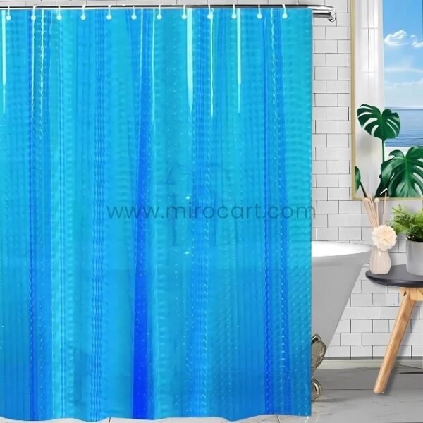 Bright blue textured 3D shower curtain with a ridged pattern, shown in a clean, modern bathroom.