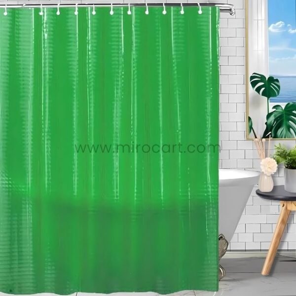 Bold green textured 3D shower curtain with dimensional ridges, displayed in a sleek bathroom with natural decor.