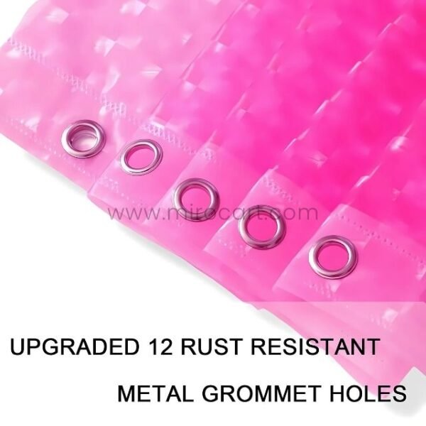 Close-up of rust-resistant metal grommets on the top hem of the textured 3D shower curtain.