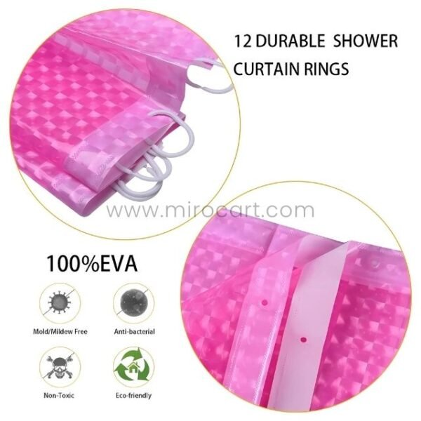 Close-up of textured 3D shower curtain showing its EVA material, reinforced grommets, and easy-clean surface.