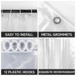 Detailed view of a transparent shower curtain with sturdy metal grommets and plastic hooks.