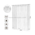 180x180cm transparent shower curtain with 12 hooks and feature icons for eco-friendliness, waterproofing, and durability.