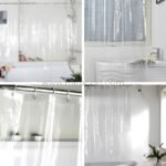 Transparent shower curtain shown in various bathroom styles to highlight its versatility.