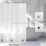 180cm x 180cm transparent shower curtain with black bottom weights for stability.