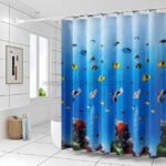 Underwater-themed shower curtain with vibrant sea life prints in a modern bathroom filled with natural light.