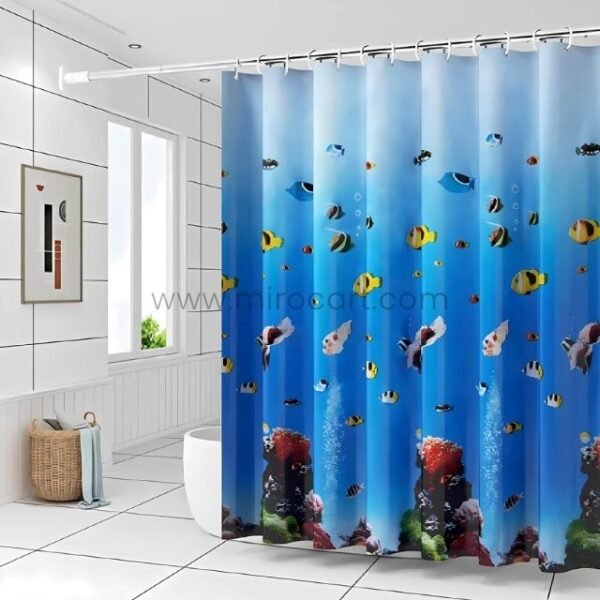 Underwater-themed shower curtain with vibrant sea life prints in a modern bathroom filled with natural light.