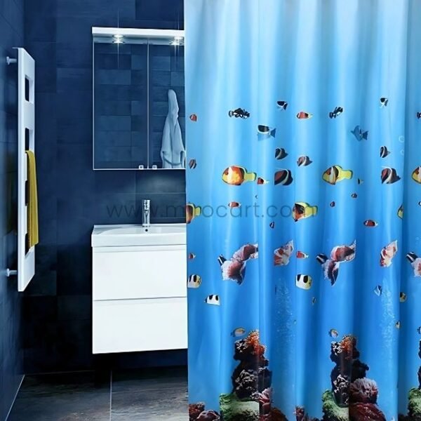 Underwater-themed shower curtain installed in a modern bathroom with dark tiles and minimalist fixtures.