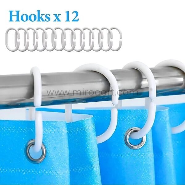 Set of 12 white hooks holding an underwater-themed shower curtain on a metal rod for easy installation.