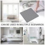 Collage showing non-slip massage bath mat used near a bathtub, sink, and toilet.