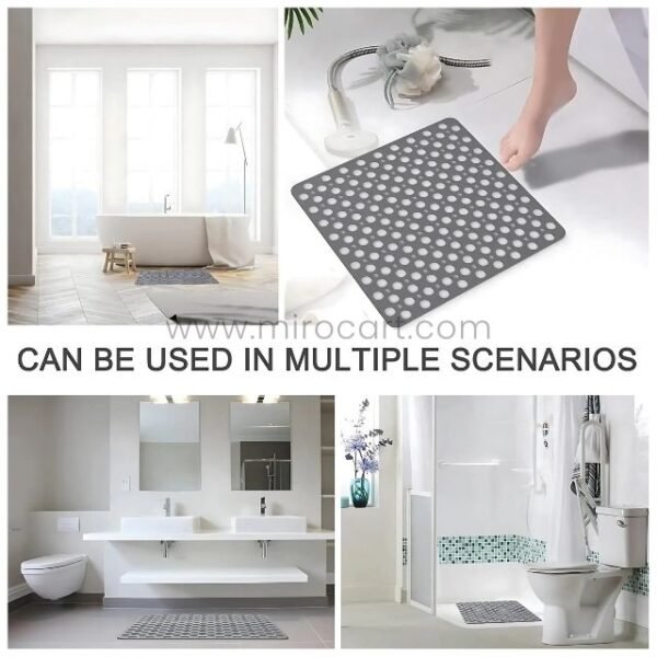 Collage showing non-slip massage bath mat used near a bathtub, sink, and toilet.