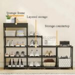 A detailed view of the black shoe rack showcasing its layered storage compartments and top countertop shelf.