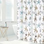 Starfish shower curtain featuring colorful starfish and seashell designs in a bright, minimalist bathroom setting.