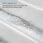 Water beads forming on the surface of a waterproof transparent shower curtain.