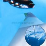 Close-up of water droplets resting on the waterproof surface of an underwater-themed shower curtain.