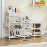 A detailed view of the white 4-layer shoe rack’s dimensions: 62 cm tall, 22 cm deep, 94 cm wide, and 21.5 cm thick.