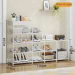 A detailed view of the white 5-layer shoe rack’s dimensions: 81 cm tall, 41 cm deep, 120 cm wide, and 21.5 cm thick.