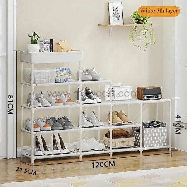 A detailed view of the white 5-layer shoe rack’s dimensions: 81 cm tall, 41 cm deep, 120 cm wide, and 21.5 cm thick.
