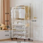 Full view of the white space-saving clothes & shoe rack with labeled dimensions and compact width.