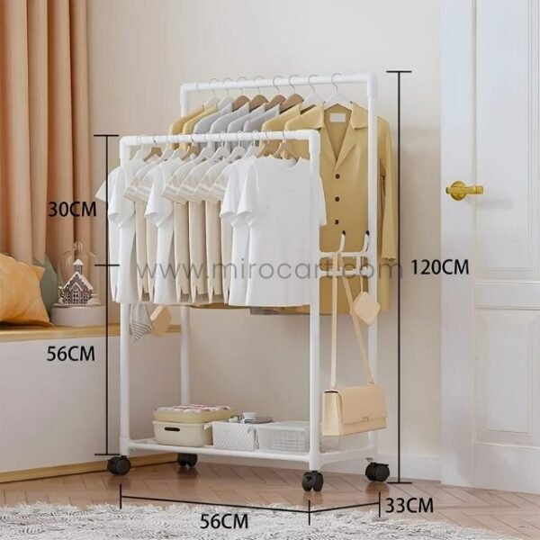 White space-saving clothes rack with labeled dimensions: 30 cm depth, 120 cm height, 56 cm width, and 33 cm shelf length in a bright, modern room.