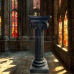 A richly detailed classical Roman pillar is showcased within the grandeur of a Gothic cathedral, surrounded by stained glass windows and intricate stone architecture.