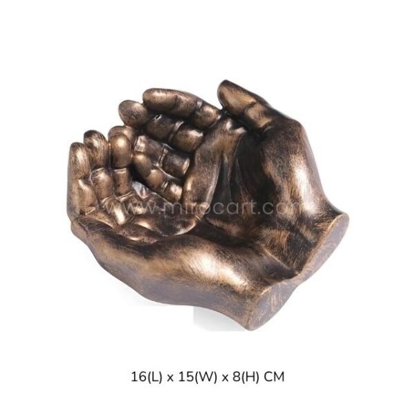 A close-up of a bronze creative hand ashtray with dimensions labeled: 16 x 15 x 8 cm.