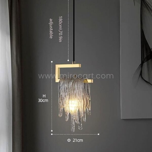 A technical view of the Flowing Waterfall Pendant Light’s dimensions, showcasing its adjustable height (180cm/70.9in) and sleek proportions.