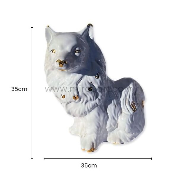 Graceful Porcelain Dog Sculpture shown next to a ruler marking its 35cm x 35cm dimensions.