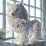 Graceful Porcelain Dog Sculpture resting on a sleek marble surface beside a vase of fresh white flowers.