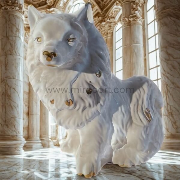 Graceful Porcelain Dog Sculpture displayed in a light-filled, elegant interior with marble columns and classic decor.