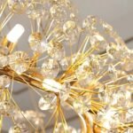 Close-up of chandelier’s cascading crystal branches catching the light.