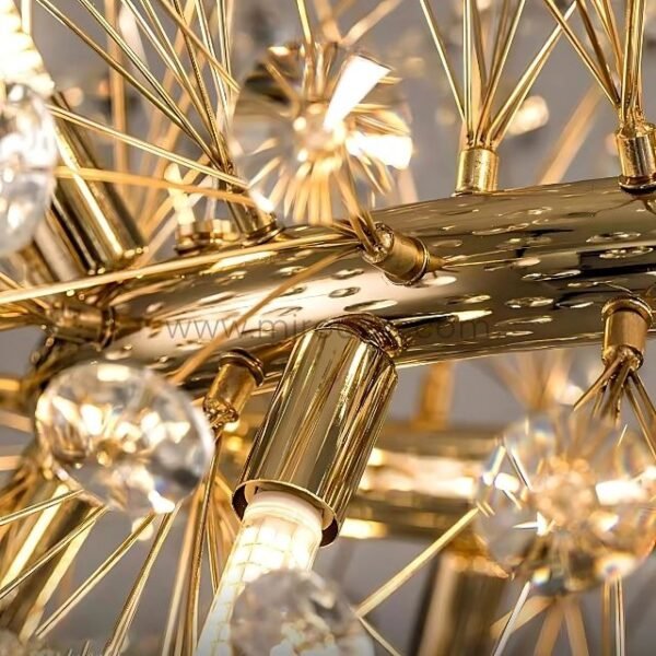 Detailed look at the chandelier’s gold frame structure.