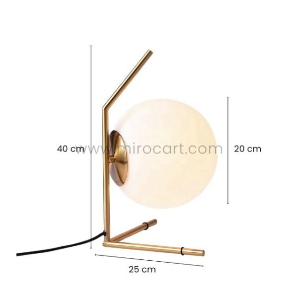 Minimalist gold sphere table lamp with dimensions shown: 40 cm height, 20 cm width, 25 cm base.