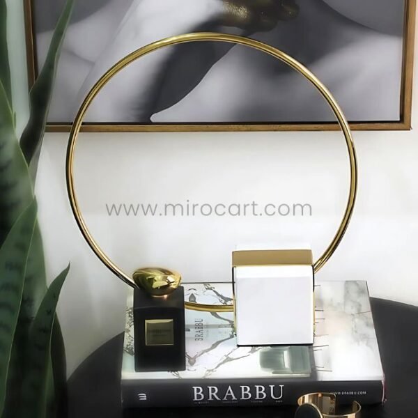 Minimalist Golden Ring Sculpture used to display books and decor pieces.