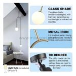 Modern arc pendant light features: glass shade, metal frame, swivel canopy.