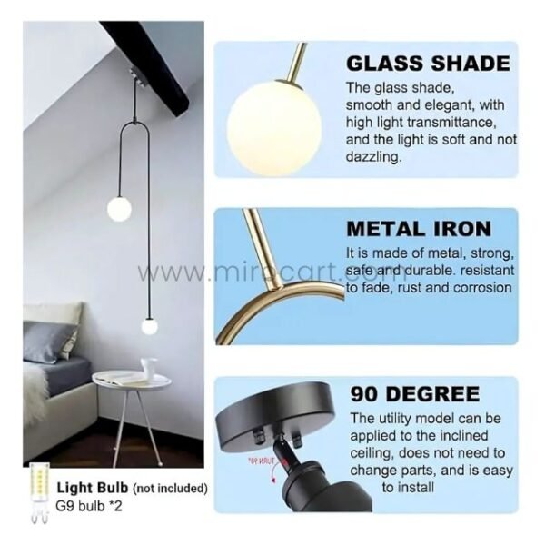 Modern arc pendant light features: glass shade, metal frame, swivel canopy.
