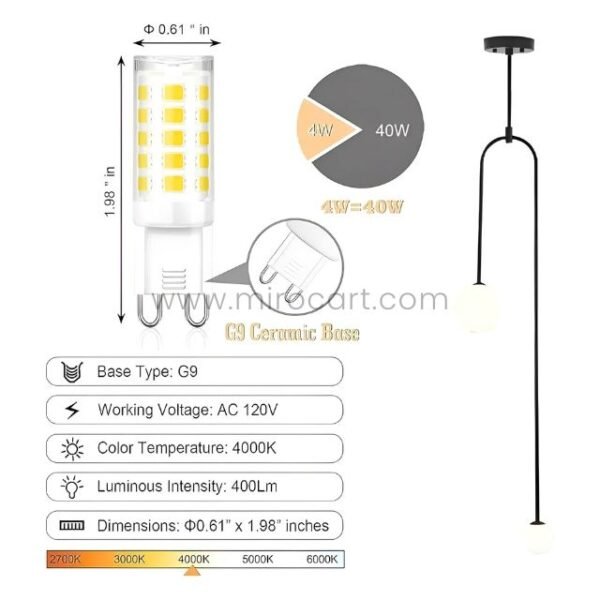 LED bulb for modern arc pendant light—G9 base, 400 lumens, 4000K.