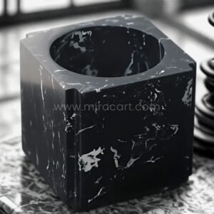 Modern Black Marble Vase – 6” Geometric Cube Decor with White Veining