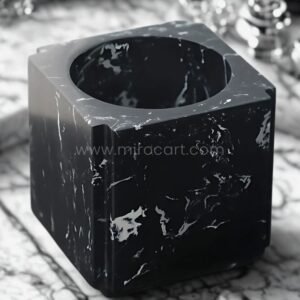 Modern Black Marble Vase – 6” Geometric Cube Decor with White Veining