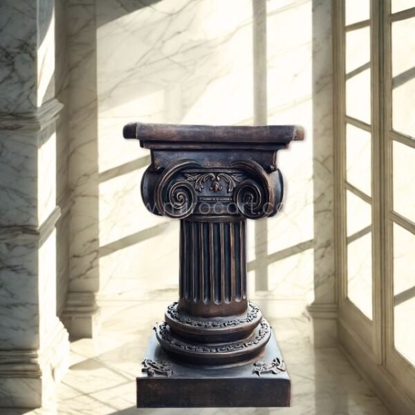 A dark, intricately carved Roman pillar standing in a sunlit modern living space with marble finishes and minimalist decor.