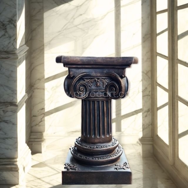 A dark, intricately carved Roman pillar standing in a sunlit modern living space with marble finishes and minimalist decor.