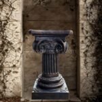 A weathered Roman pillar nestled in an ivy-covered courtyard, surrounded by aged stone and natural textures.