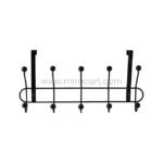 Close-up of black over-the-door hook rack showing sturdy metal frame and curved hooks.