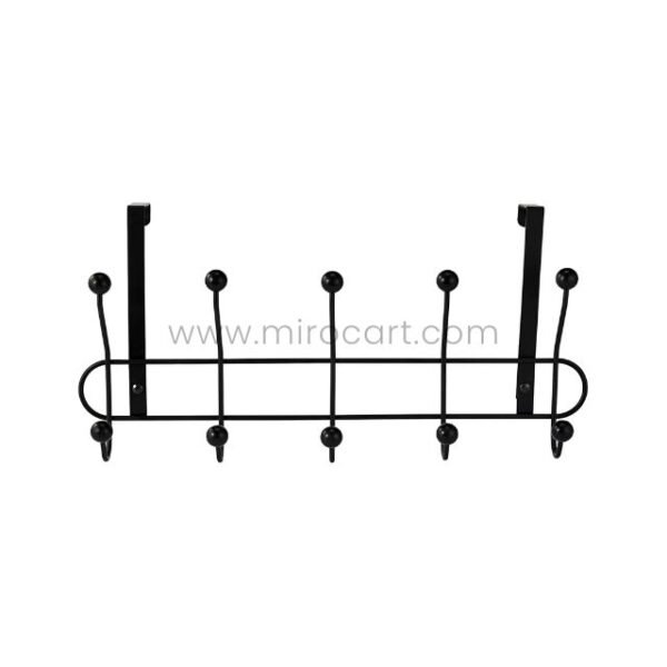Close-up of black over-the-door hook rack showing sturdy metal frame and curved hooks.